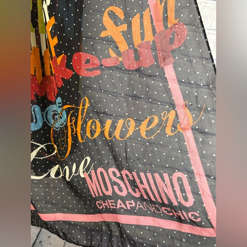 VINTAGE Moschino Black White Polka Dot Graffiti Cheap & Chic Italy Silk Scarf